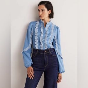Boden Ruffle Sleeve Broderie Blouse Riviera Blue Lace Sz 14 L $128